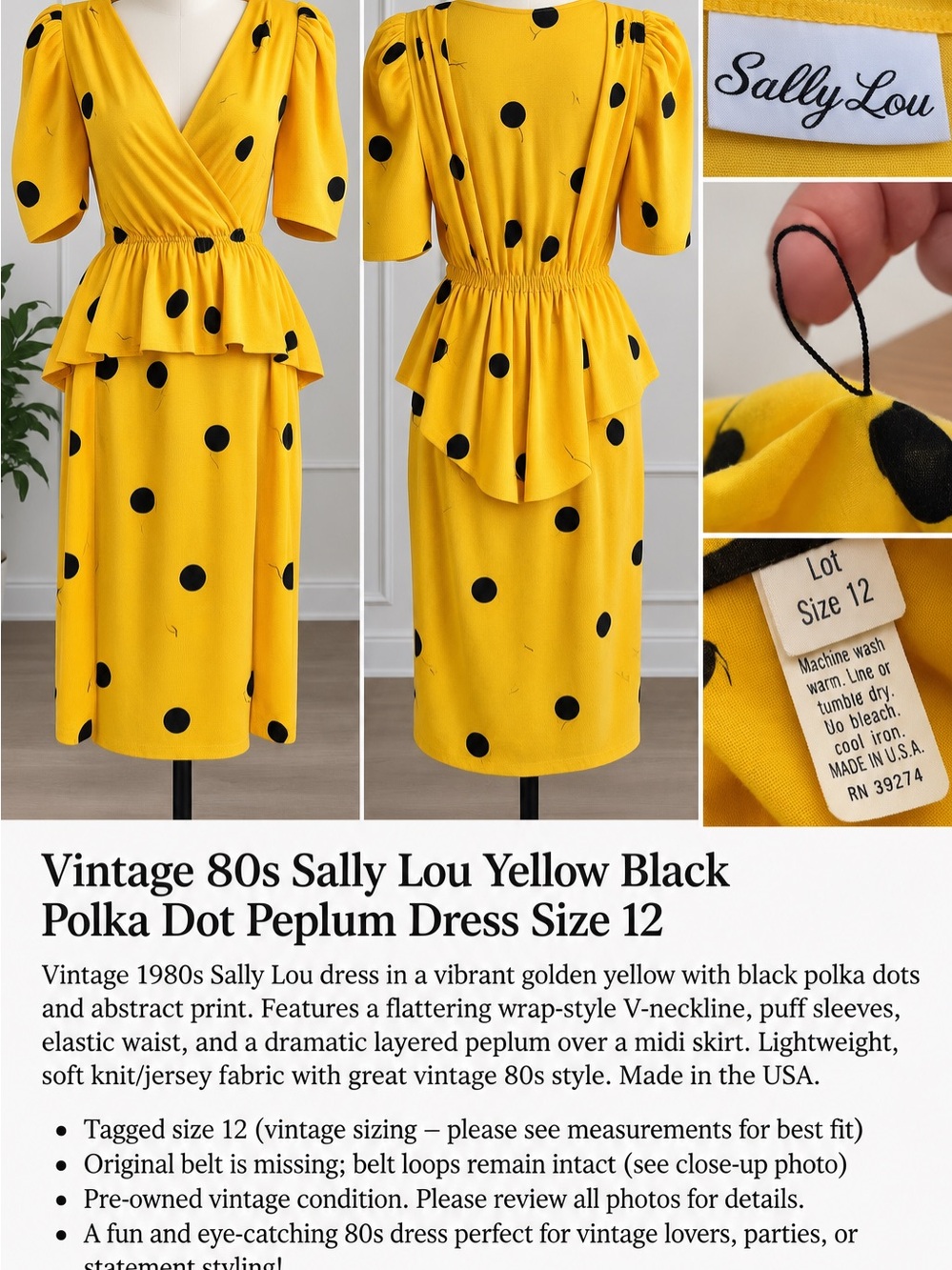 Vintage 80s Sally Lou Yellow Black Polka Dot Peplum Dress Made USA Sz 12